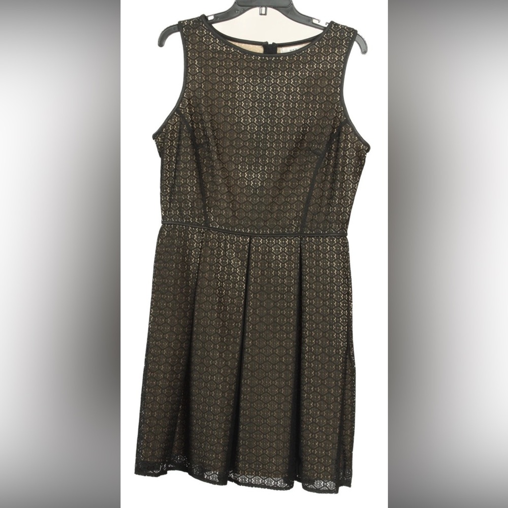 Max Studio Women’s Dress 12 Black Tan A Line Sleeveless Pleated Lace Lined
